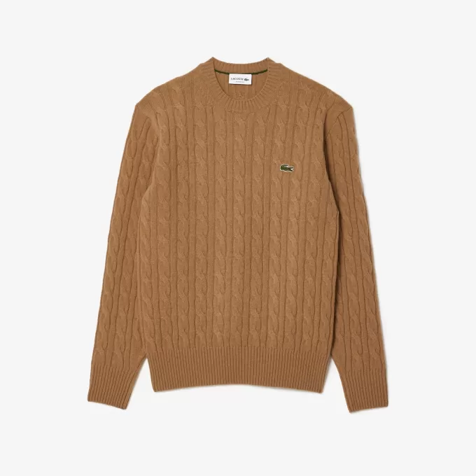 Cable Knit Carded Wool Crewneck Sweater