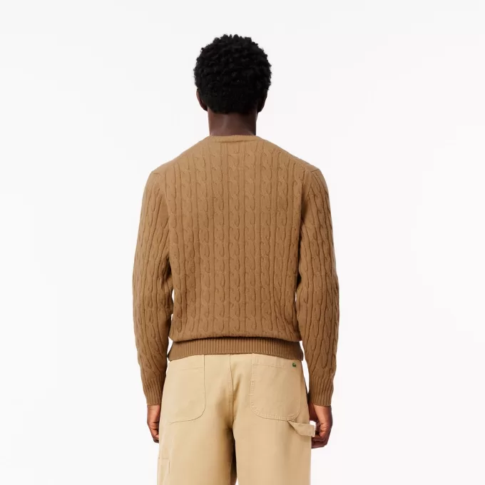 Cable Knit Carded Wool Crewneck Sweater