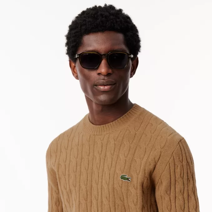 Cable Knit Carded Wool Crewneck Sweater