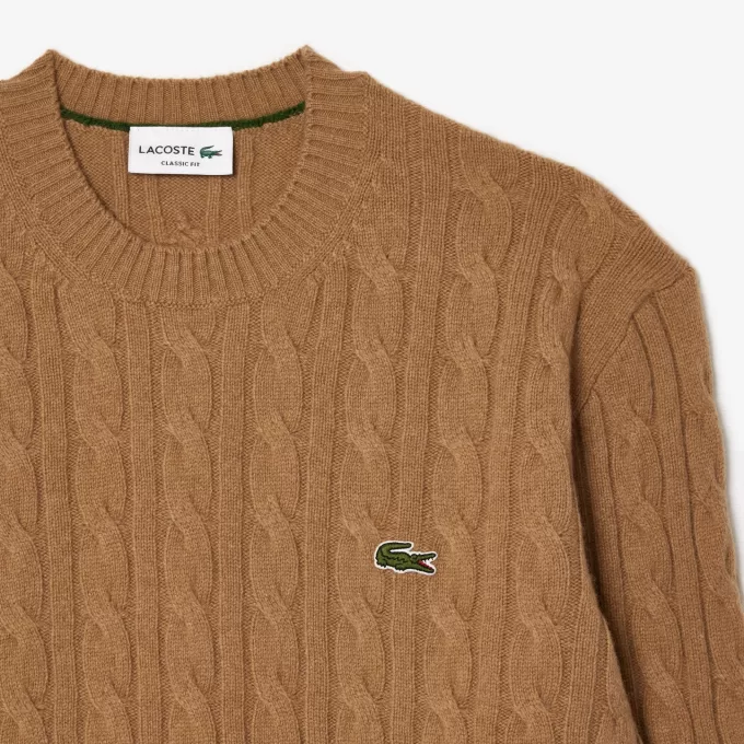 Cable Knit Carded Wool Crewneck Sweater