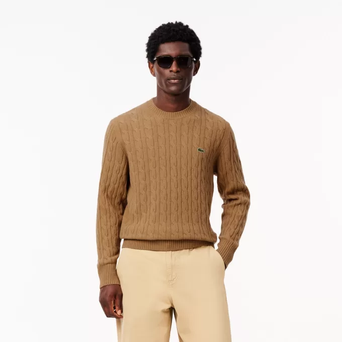 Cable Knit Carded Wool Crewneck Sweater