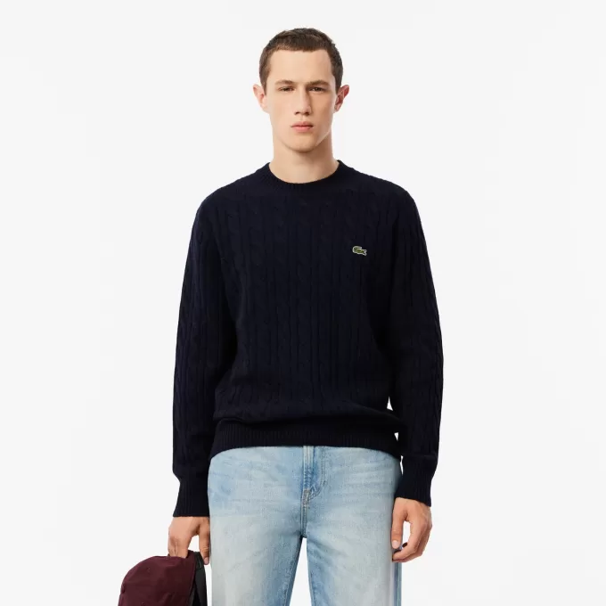 Cable Knit Carded Wool Crewneck Sweater