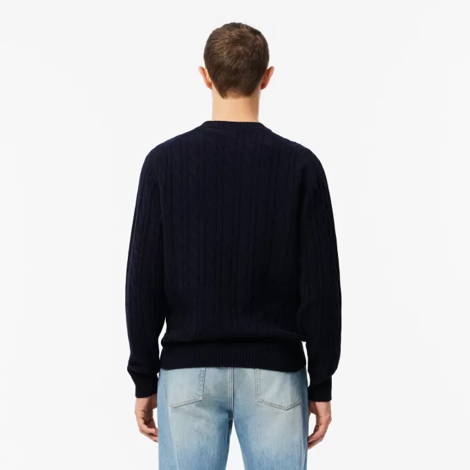 Cable Knit Carded Wool Crewneck Sweater