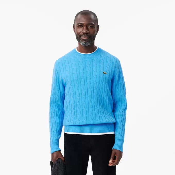 Cable Knit Carded Wool Crewneck Sweater