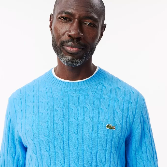 Cable Knit Carded Wool Crewneck Sweater