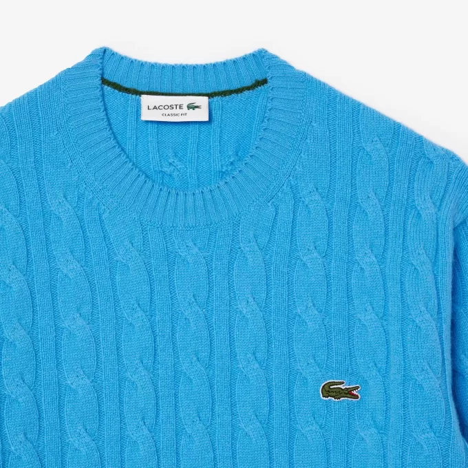 Cable Knit Carded Wool Crewneck Sweater