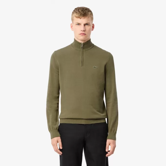 High Zipped Neck Plain Cotton Sweater