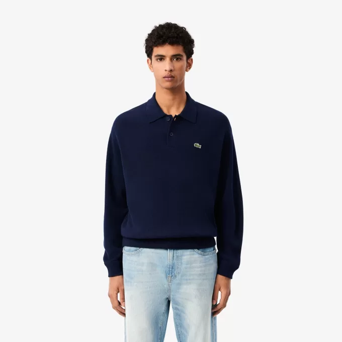 Relaxed Fit Carded Wool Polo Sweater