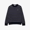 Striped 3D Knit Cotton Crew Neck Sweater