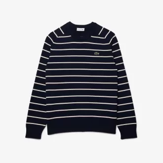 Striped 3D Knit Cotton Crew Neck Sweater
