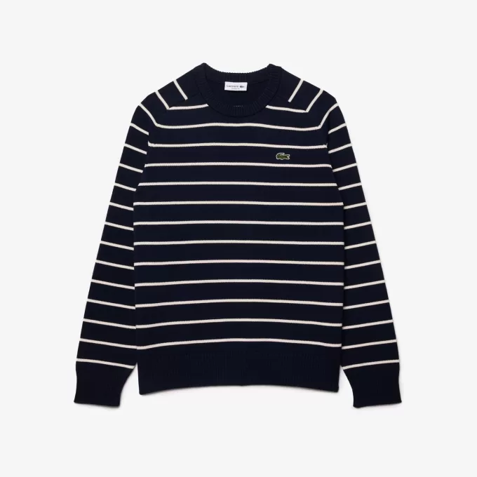 Striped 3D Knit Cotton Crew Neck Sweater