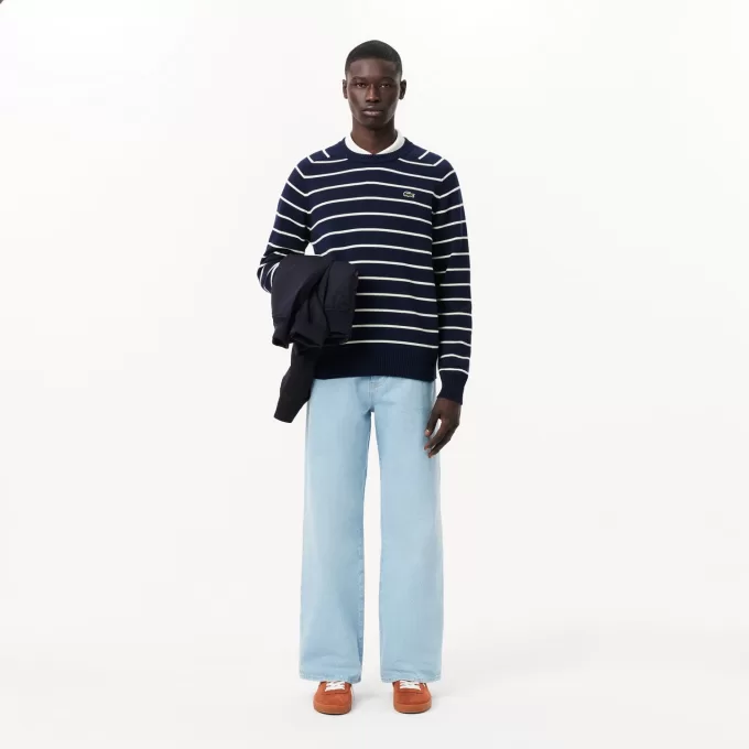 Striped 3D Knit Cotton Crew Neck Sweater