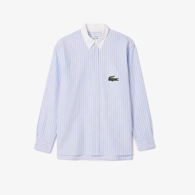 Striped Maxi Croc Contrast Collar Cotton Oxford Shirt Striped Maxi Croc Contrast Collar Cotton Oxford Shirt
