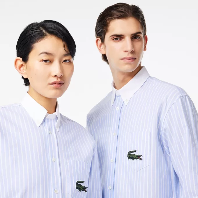 Striped Maxi Croc Contrast Collar Cotton Oxford Shirt Striped Maxi Croc Contrast Collar Cotton Oxford Shirt