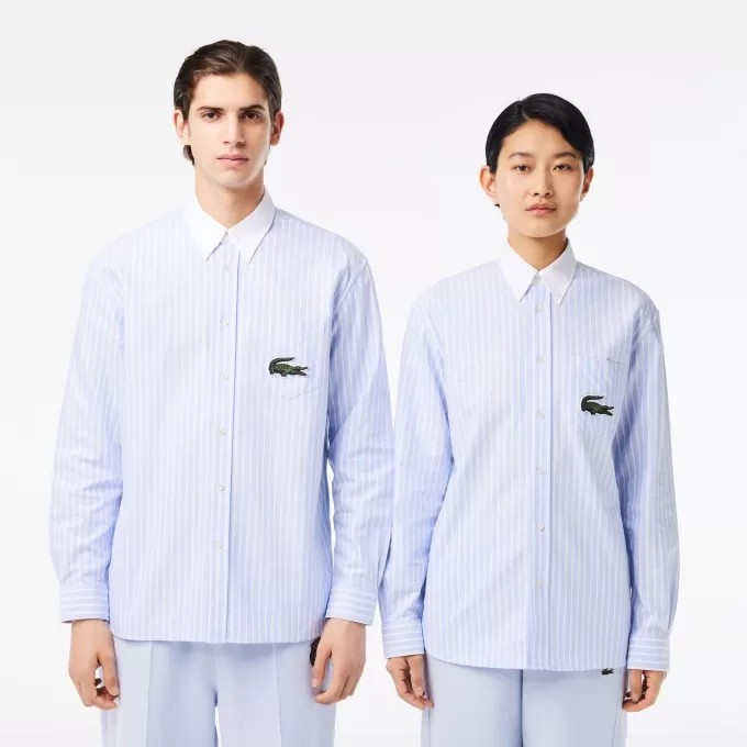 Striped Maxi Croc Contrast Collar Cotton Oxford Shirt Striped Maxi Croc Contrast Collar Cotton Oxford Shirt